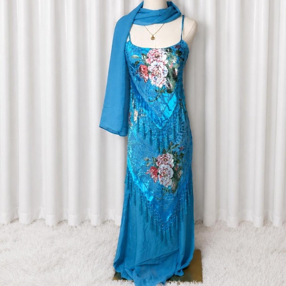 Vintage Y2K Aris A Turquoise Floral Beaded Fringe Maxi Dress + Scarf